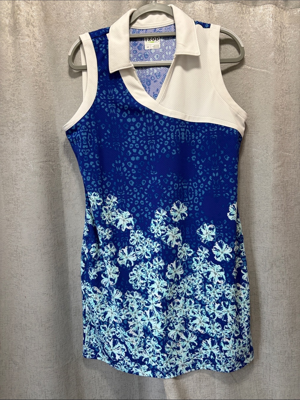 Izod Royal Blue Floral Sleeveless Polo Dress White Trim Sz large